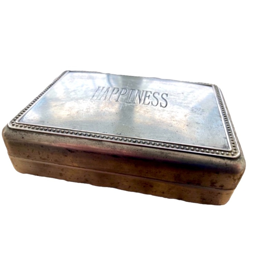 Silver Metal HAPPINESS Jewelry Trinket Box Blue Velvet Lined